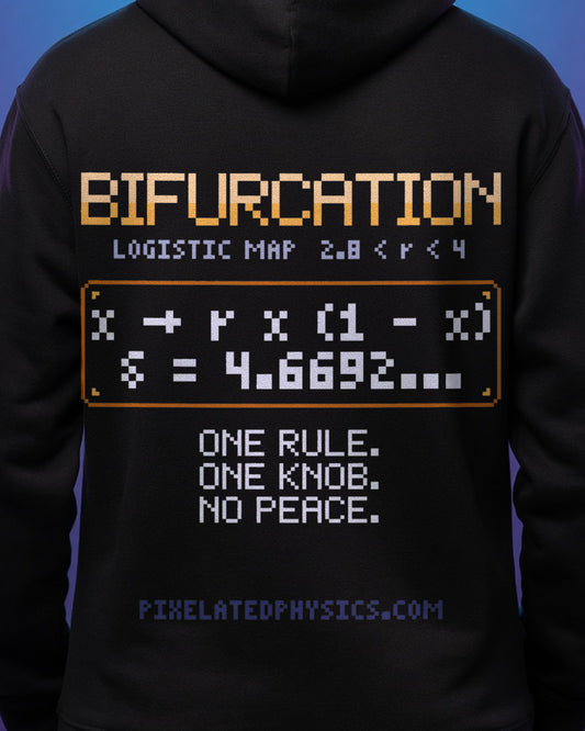 Black Bifurcation physics hoodie, pixel-art logistic map period doubling design, worn by a model, back close-up