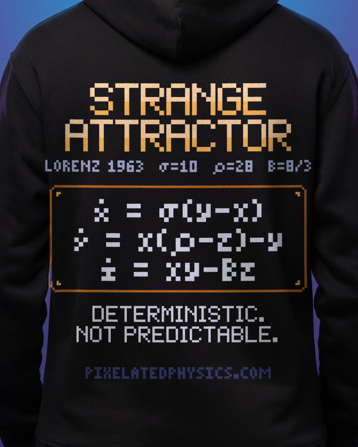 Black Strange Attractor physics hoodie, pixel-art Lorenz attractor design, worn by a model, back close-up
