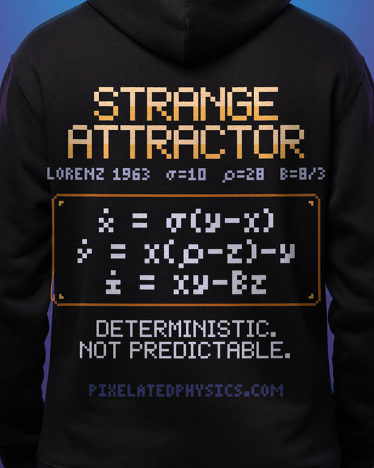 Black Strange Attractor physics hoodie, pixel-art Lorenz attractor design, worn by a model, back close-up