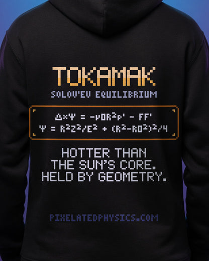 Black Tokamak physics hoodie, pixel-art tokamak magnetic flux surfaces design, worn by a model, back close-up