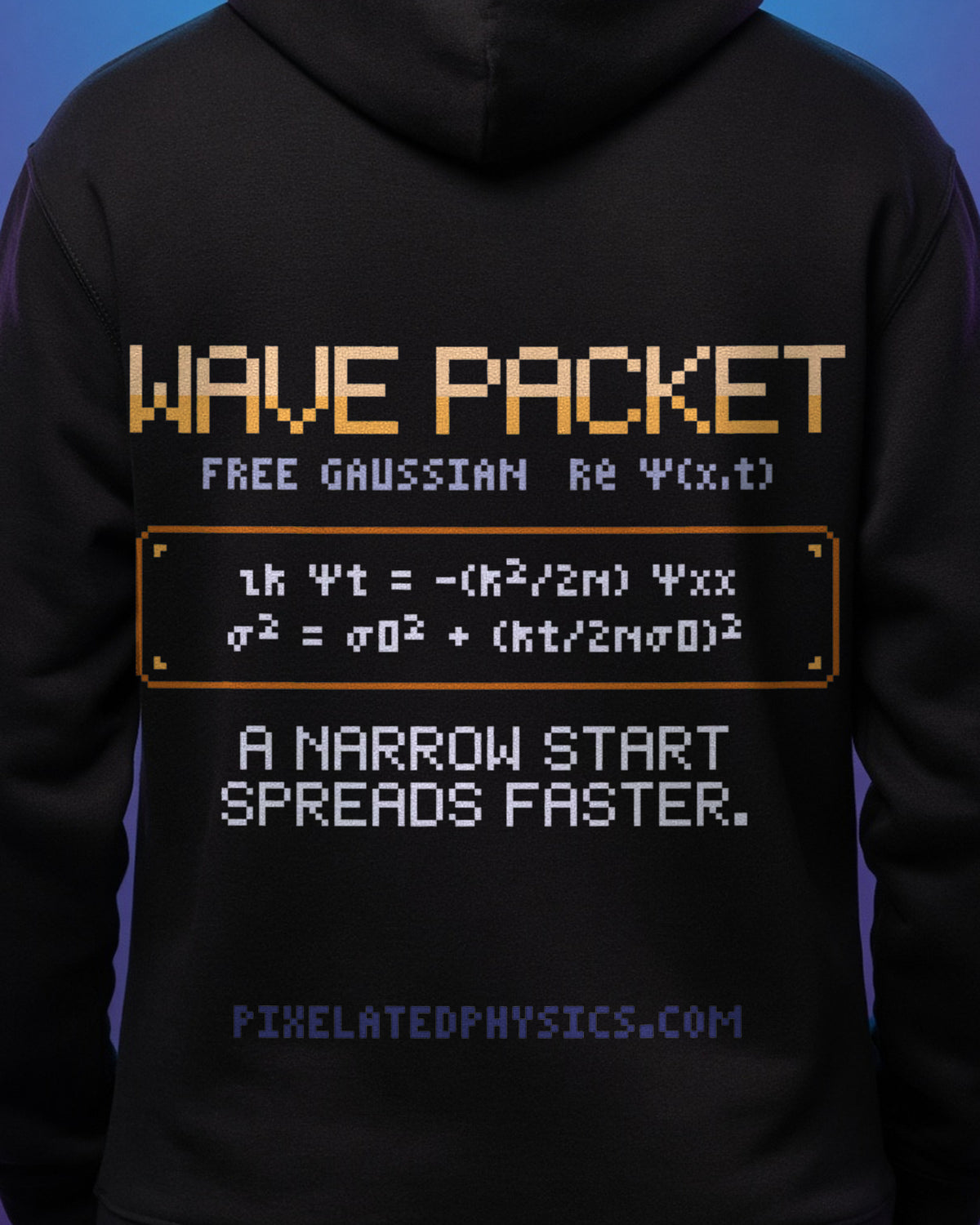 Black Wave Packet physics hoodie, pixel-art free wave packet spreading design, worn by a model, back close-up