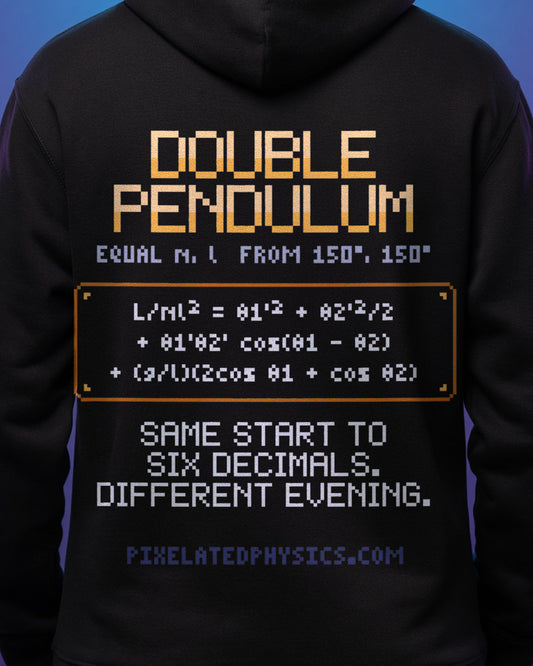Black Double Pendulum physics hoodie, pixel-art chaotic double pendulum design, worn by a model, back close-up