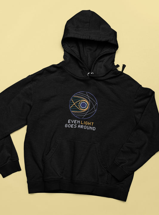 Photon Sphere Hoodie – EVEN LIGHT GOES AROUND | Pixelated Physics – flat front