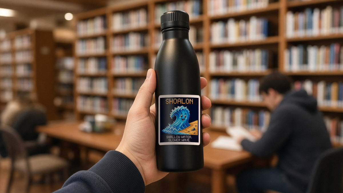 Shoalon pixel-art physics sticker on a water bottle