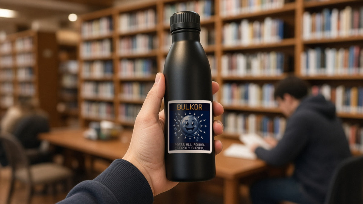 Bulkor pixel-art physics sticker on a water bottle