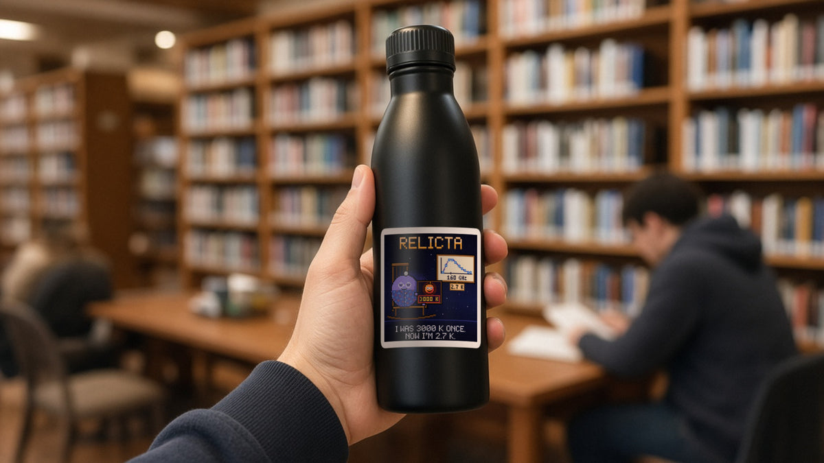 Relicta navy pixel-art physics sticker, cosmic microwave background, on a water bottle