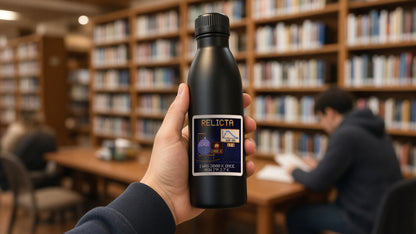 Relicta navy pixel-art physics sticker, cosmic microwave background, on a water bottle