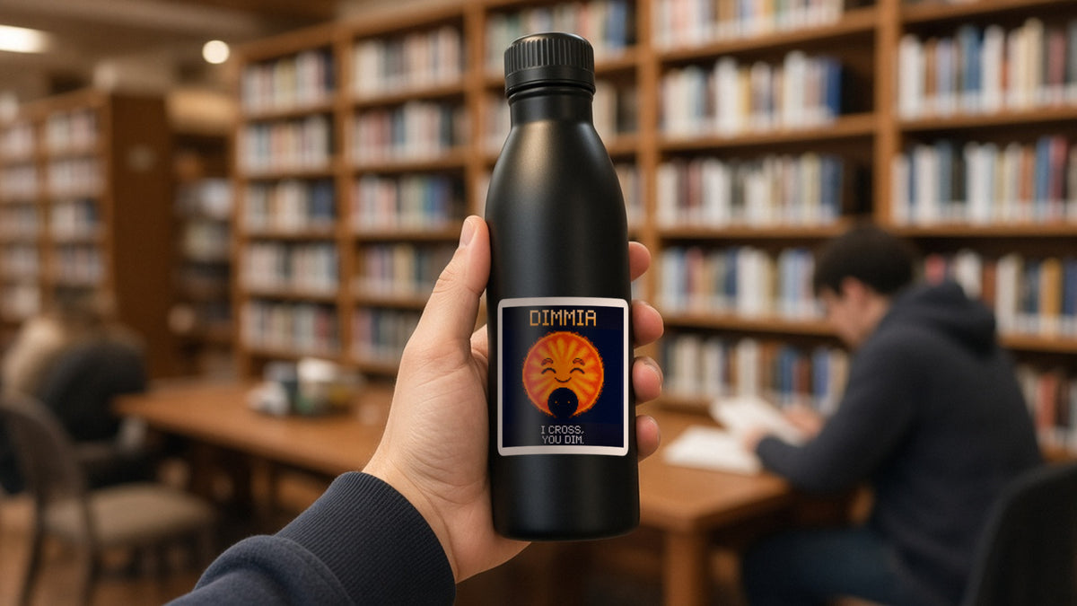 Dimmia pixel-art physics sticker on a water bottle
