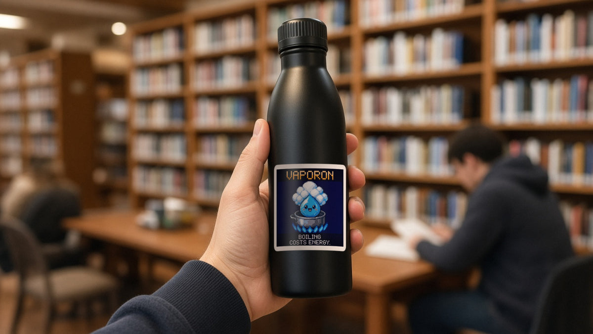 Vaporon pixel-art physics sticker on a water bottle