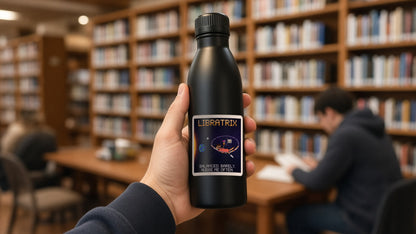 Libratrix navy pixel-art physics sticker, Lagrange points, on a water bottle
