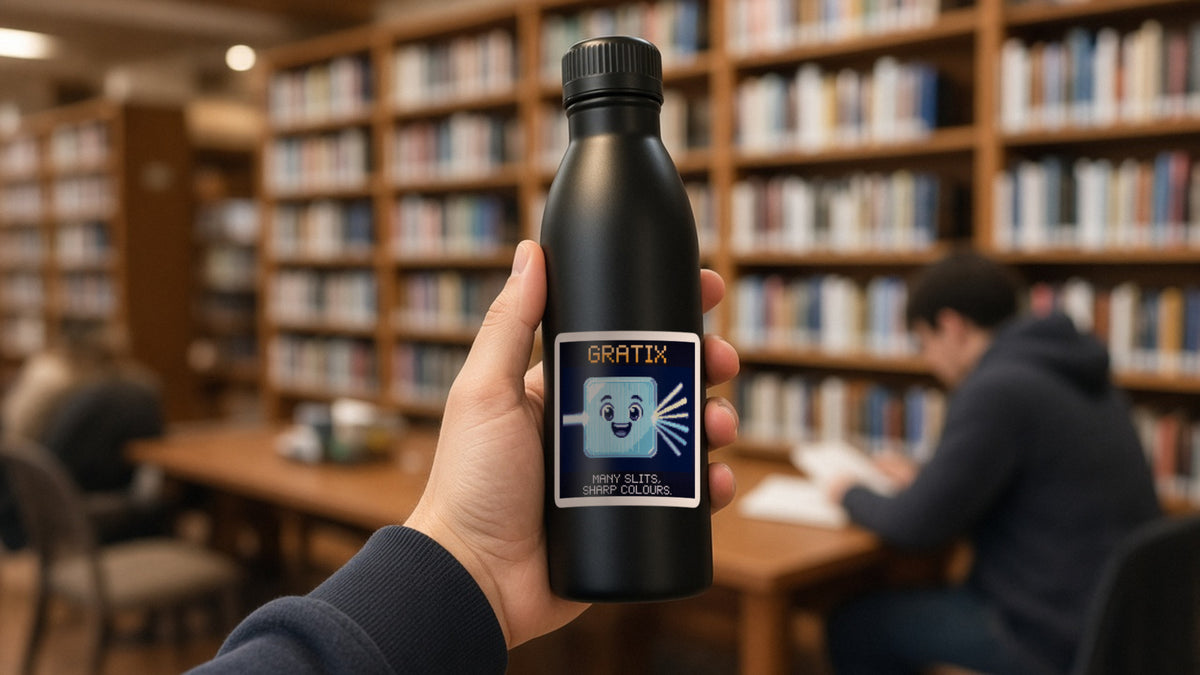 Gratix pixel-art physics sticker on a water bottle