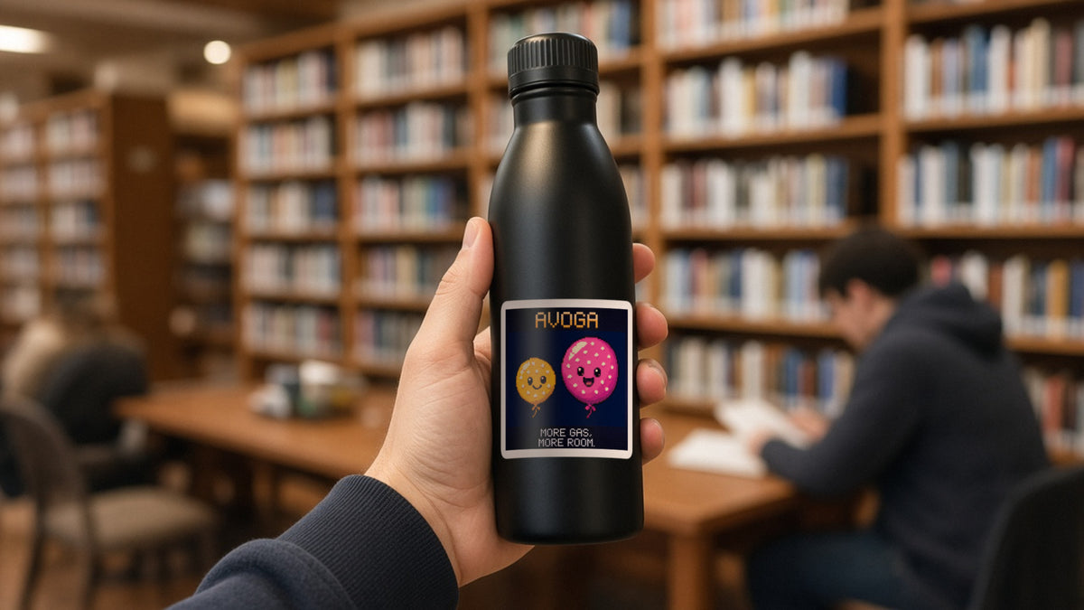 Avoga pixel-art physics sticker on a water bottle