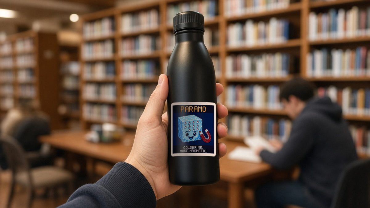 Paramo pixel-art physics sticker on a water bottle