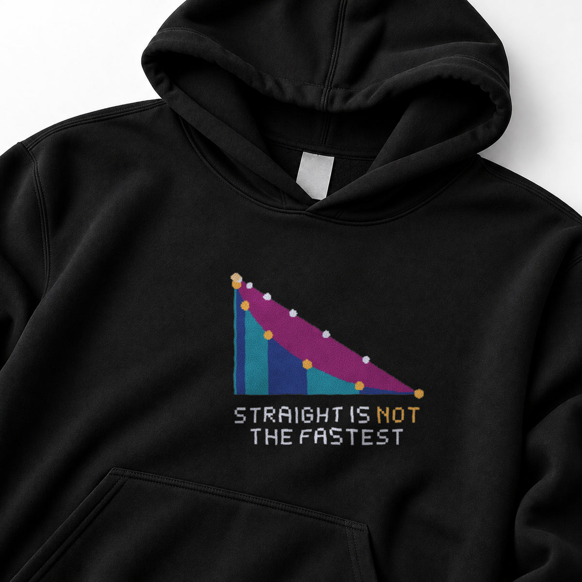 Black Brachistochrone physics hoodie, pixel-art brachistochrone cycloid design, front view
