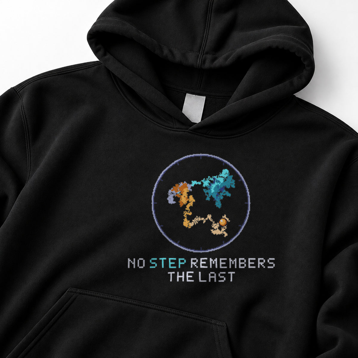 Black Brownian Motion physics hoodie, pixel-art Brownian motion design, front view