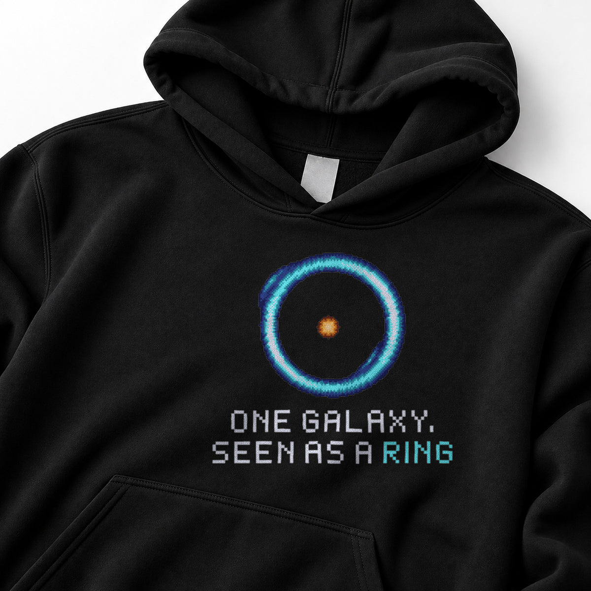 Black Einstein Ring physics hoodie, pixel-art gravitational lensing design, front view