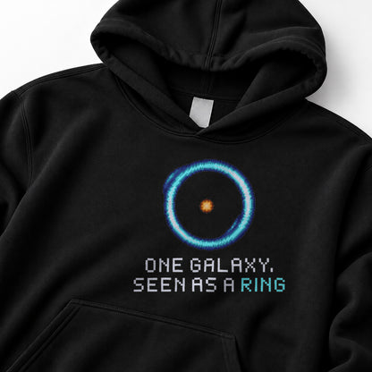 Black Einstein Ring physics hoodie, pixel-art gravitational lensing design, front view