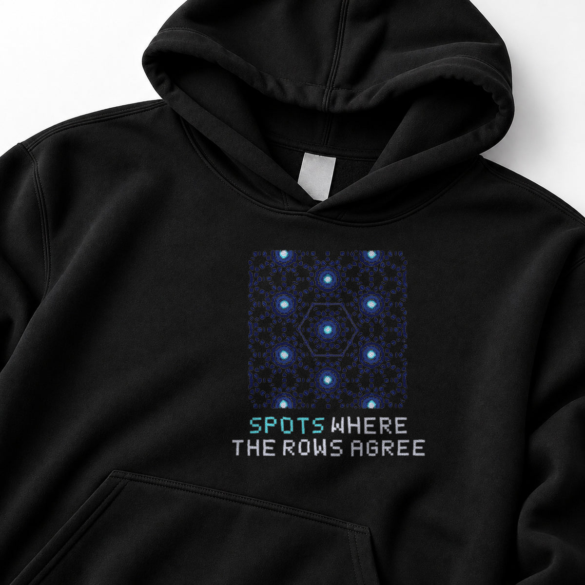 Black Diffraction physics hoodie, pixel-art crystal diffraction design, front view