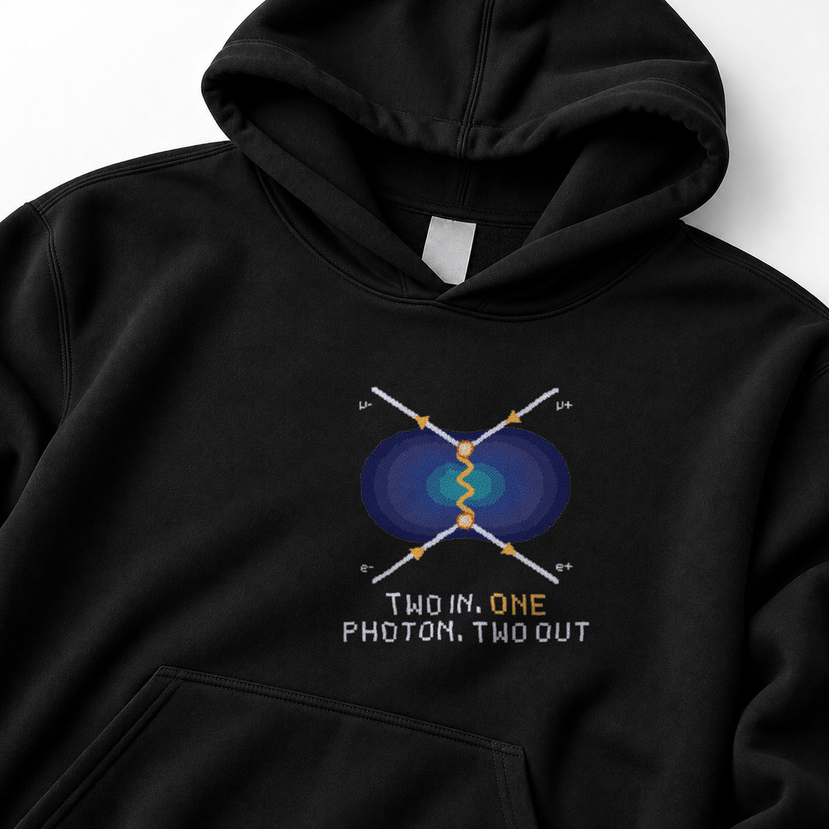 Black Feynman Diagram physics hoodie, pixel-art electron-positron annihilation design, front view