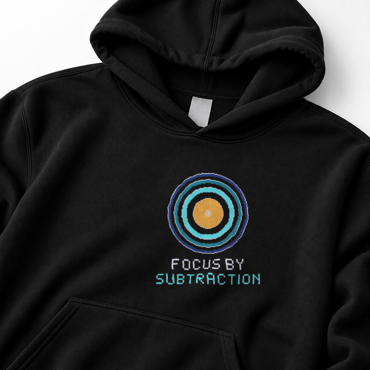Black Zone Plate physics hoodie, pixel-art Fresnel zone plate design, front view
