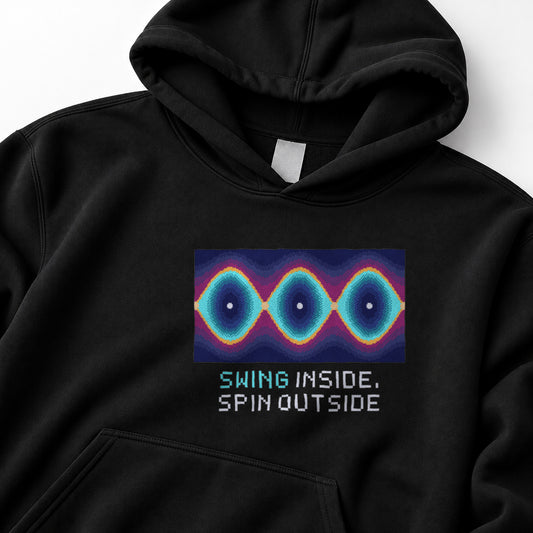 Black Pendulum Phase Space physics hoodie, pixel-art pendulum phase portrait design, front view