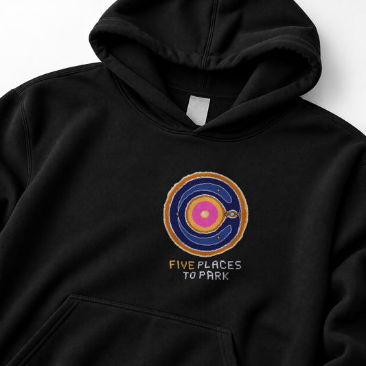 Black Lagrange Points physics hoodie, pixel-art Lagrange points design, front view