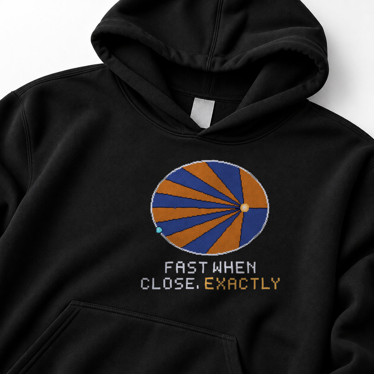 Black Kepler Orbit physics hoodie, pixel-art Kepler’s second law design, front view