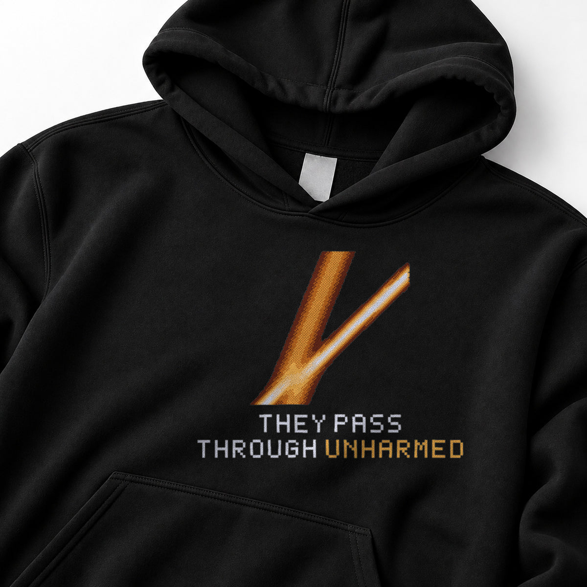 Black Soliton physics hoodie, pixel-art KdV soliton collision design, front view