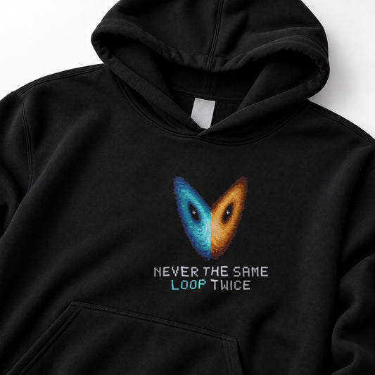 Black Strange Attractor physics hoodie, pixel-art Lorenz attractor design, front view
