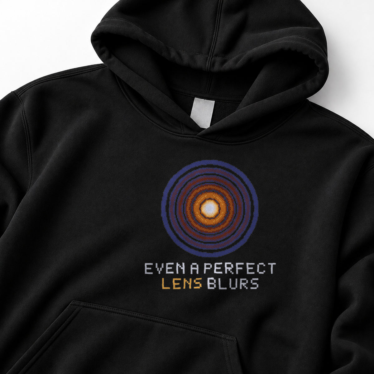 Black Airy Disk physics hoodie, pixel-art Airy diffraction pattern design, front view