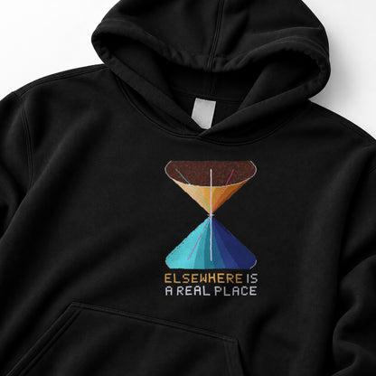 Black Light Cone physics hoodie, pixel-art spacetime light cone design, front view
