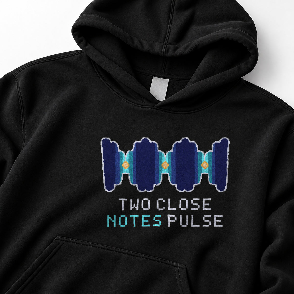 Black Beats physics hoodie, pixel-art acoustic beats from two close tones design, front view