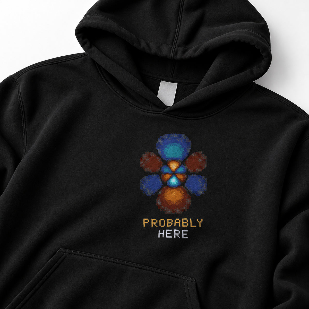 Black Probability Cloud physics hoodie, pixel-art hydrogen 5f orbital design, front view