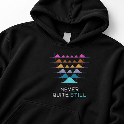 Black Quantum Oscillator physics hoodie, pixel-art quantum harmonic oscillator design, front view