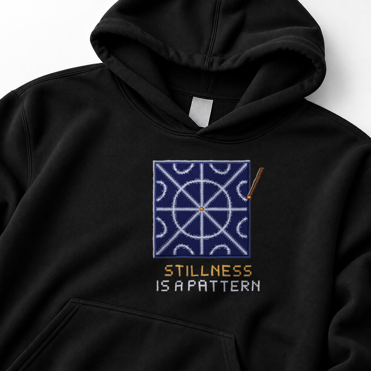 Black Nodal Lines physics hoodie, pixel-art Chladni figure design, front view