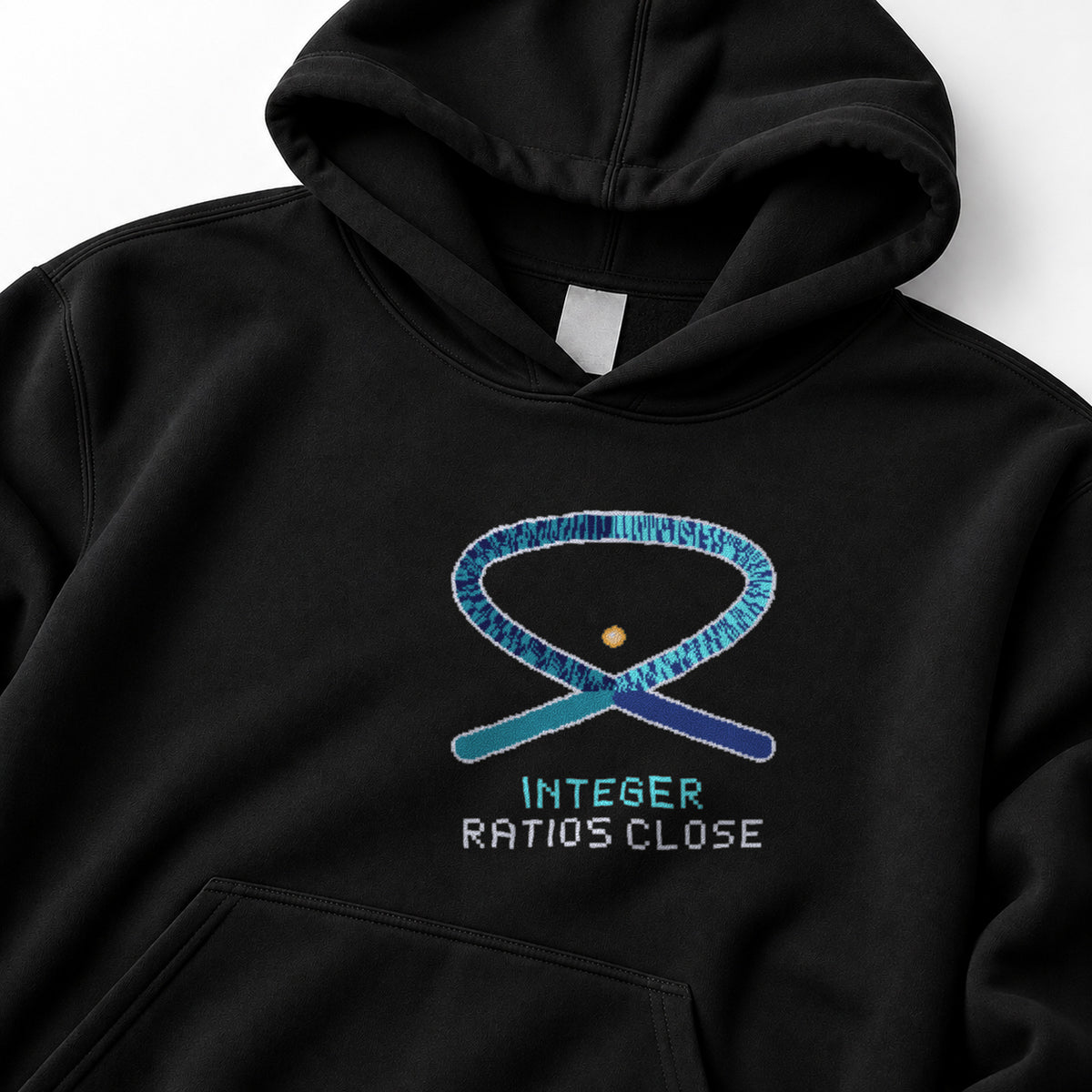 Black Lissajous physics hoodie, pixel-art Lissajous figure 3:2 phase π/2 design, front view