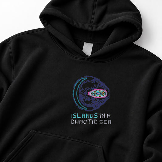 Black Poincaré Section physics hoodie, pixel-art Hénon–Heiles Poincaré section design, front view