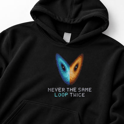 Black Strange Attractor physics hoodie, pixel-art Lorenz attractor design, front view