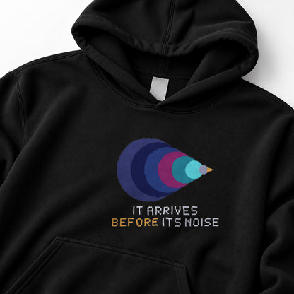 Black Mach Cone physics hoodie, pixel-art Mach cone shock wave design, front view