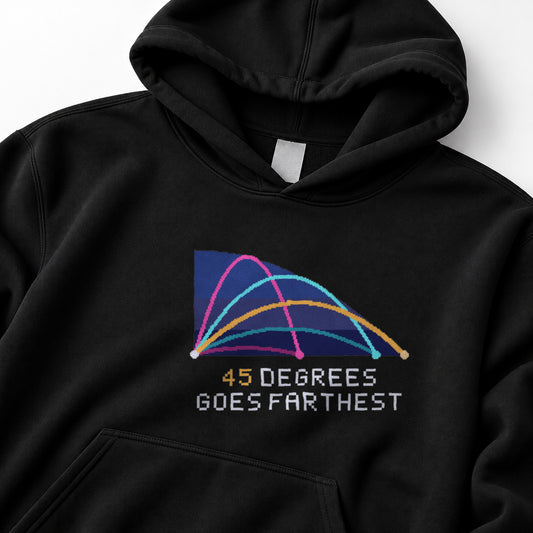 Black Projectile Range physics hoodie, pixel-art projectile trajectories and safety parabola design, front view
