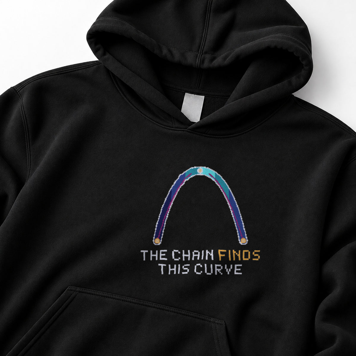Black Catenary physics hoodie, pixel-art hanging chain / flexible cable under gravity design, front view