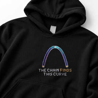 Black Catenary physics hoodie, pixel-art hanging chain / flexible cable under gravity design, front view