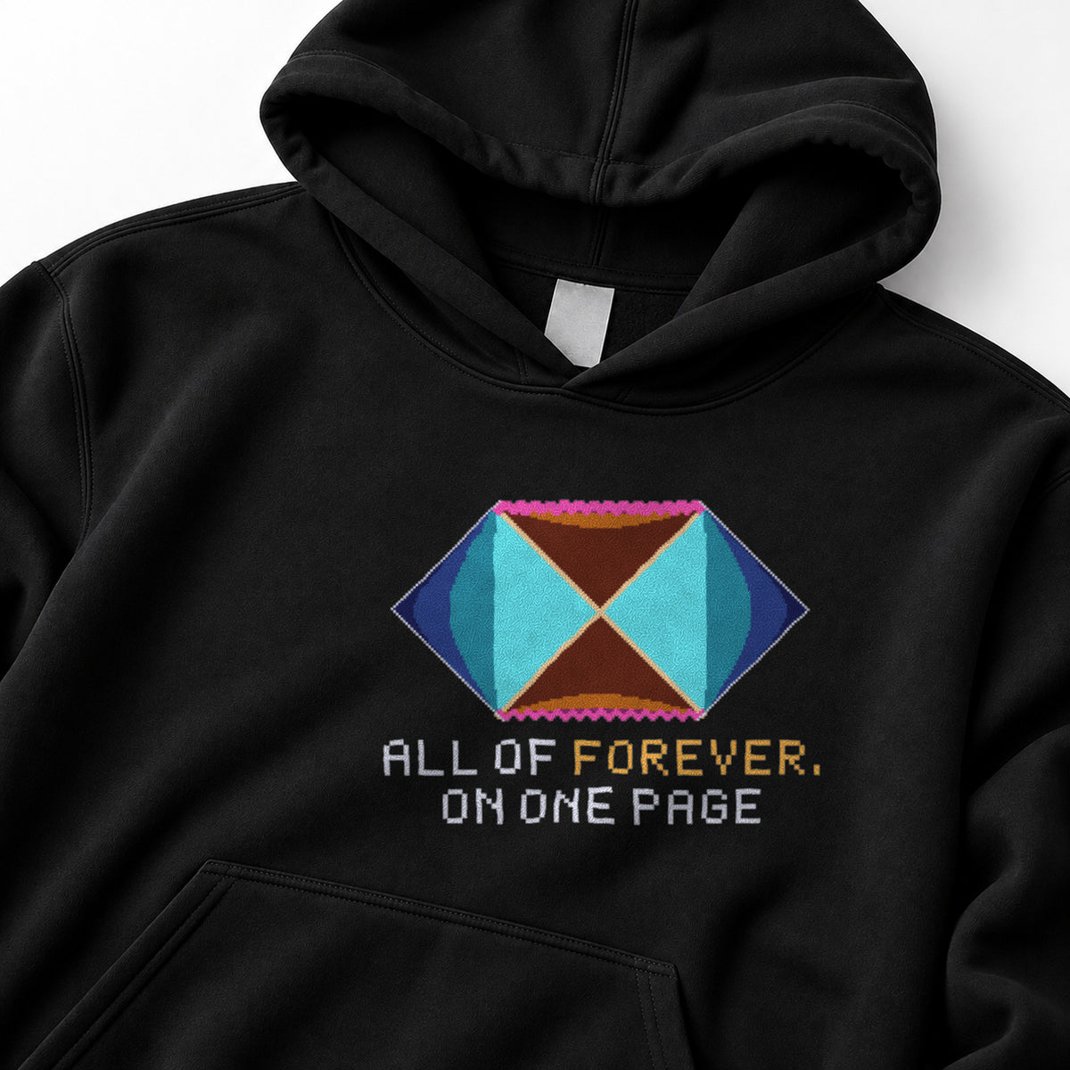Black Penrose Diagram physics hoodie, pixel-art Schwarzschild spacetime design, front view