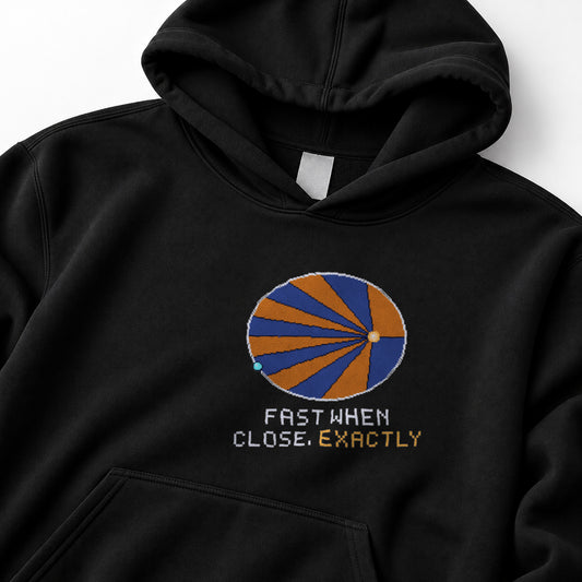 Black Kepler Orbit physics hoodie, pixel-art Kepler’s second law design, front view