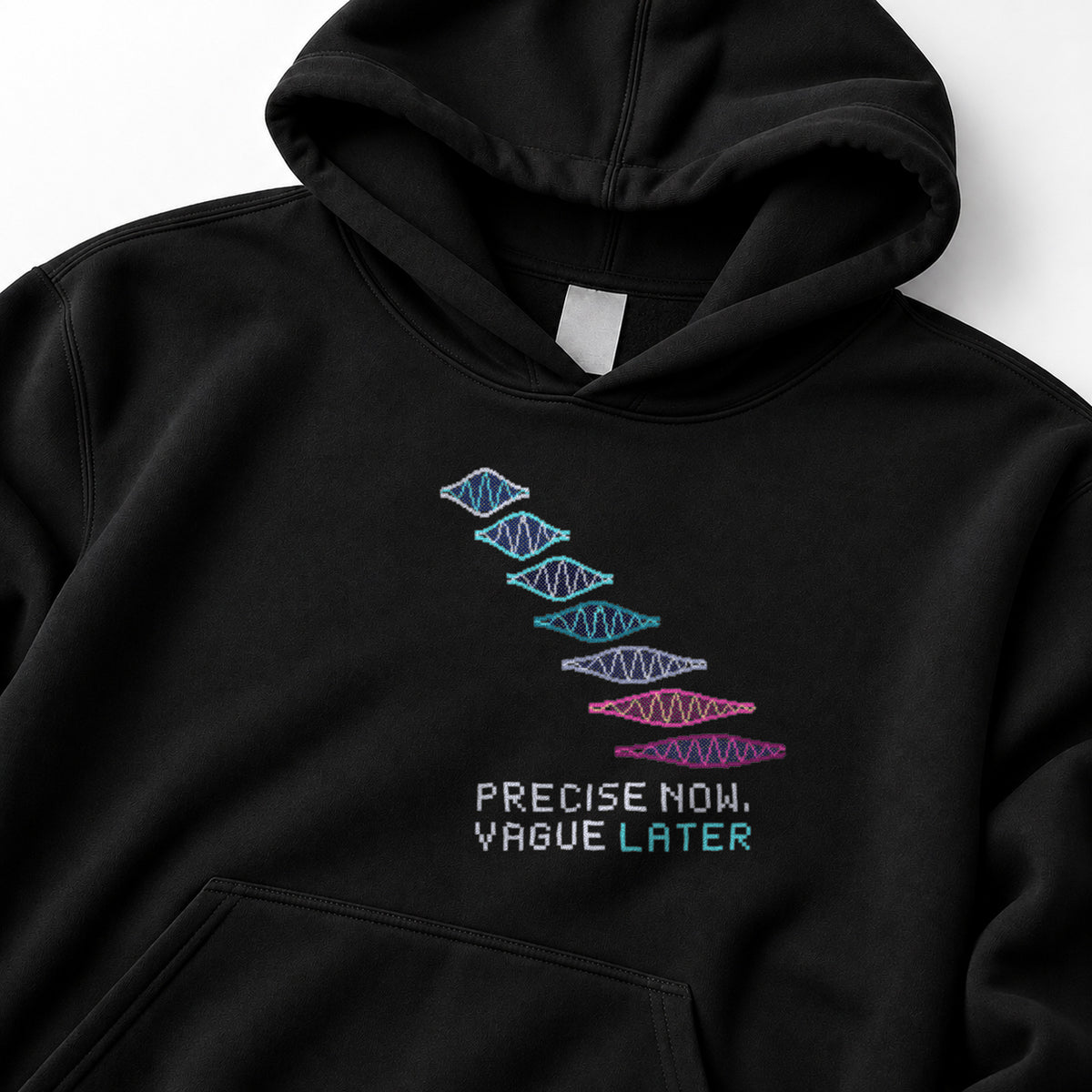 Black Wave Packet physics hoodie, pixel-art free wave packet spreading design, front view