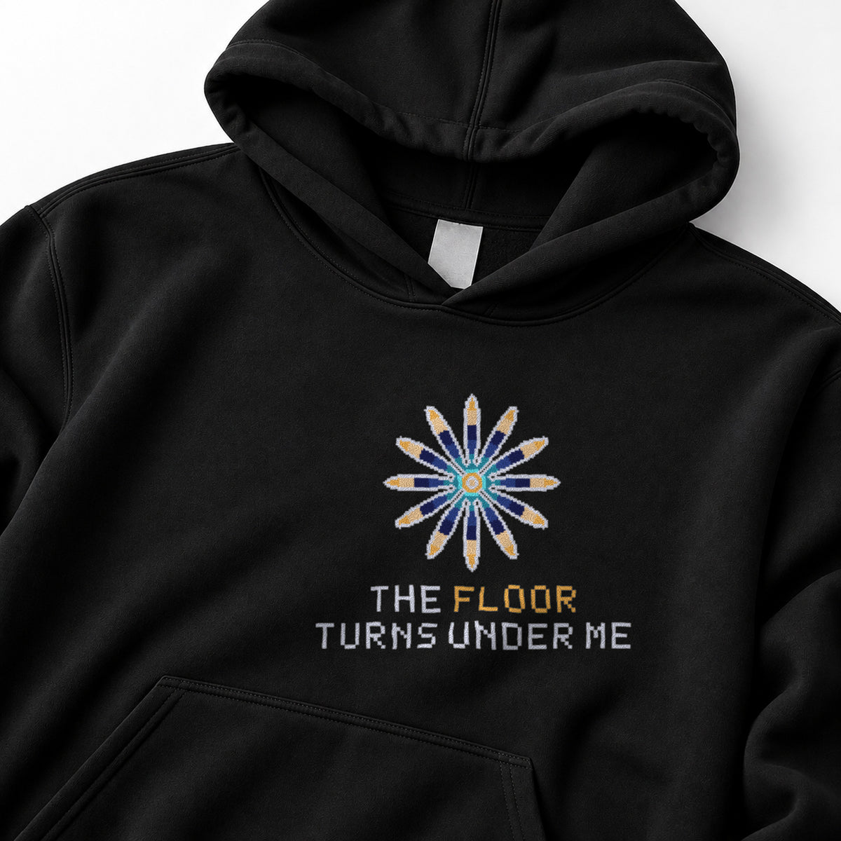 Black Foucault physics hoodie, pixel-art Foucault pendulum / Earth rotation design, front view