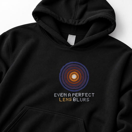 Black Airy Disk physics hoodie, pixel-art Airy diffraction pattern design, front view