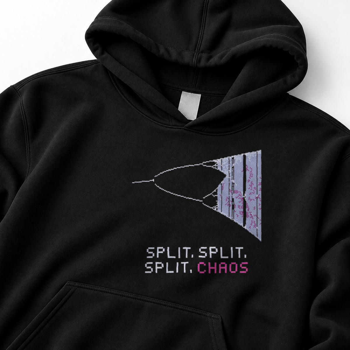 Black Bifurcation physics hoodie, pixel-art logistic map period doubling design, front view