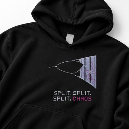 Black Bifurcation physics hoodie, pixel-art logistic map period doubling design, front view