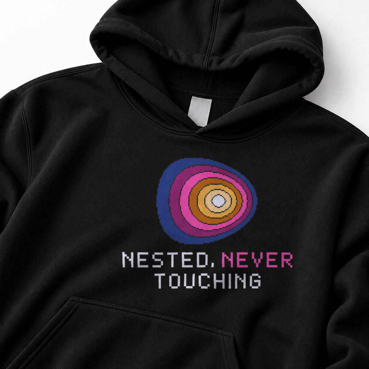 Black Tokamak physics hoodie, pixel-art tokamak magnetic flux surfaces design, front view